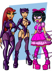 batman_(series) black_hair bodysuit bondage bow breasts catwoman cleavage crossdressing dc_comics dress femdom fishnets frills green_eyes high_heels large_breasts latex legs lipstick long_hair malesub nice-ass91 preview red_hair robin short_hair smile spiral_eyes starfire super_hero symbol_in_eyes teen_titans thigh_boots thighhighs western