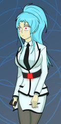  absurdres belt blue_hair botan clothed dress_shirt empty_eyes expressionless female_only femsub glowing_eyes hy2300 jacket large_breasts long_hair office_lady pantyhose ponytail red_eyes simple_background skirt solo spiral_eyes standing tie yu_yu_hakusho 