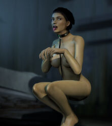  3d alyx_vance barefoot black_hair bottomless breasts brown_eyes collar collarbone dog_pose erect_nipples female_only femsub fugtrup half-life_2 looking_at_viewer mind_break nude open_mouth pet_play short_hair small_breasts solo source_filmmaker squatting tongue tongue_out topless valve 