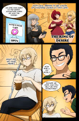  bimbofication black_hair blonde_hair comic glasses jeans kobi94 red_hair ring speech_bubble t-shirt text transformation twilight_house 