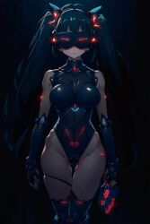  ai_art bare_shoulders black_background black_hair boots cameltoe crotch_tattoo expressionless fake_animal_ears female_only femsub fingerless_gloves garter gloves glowing gun kaijin_(generator) large_breasts leotard simple_background solo tech_control thick_thighs twintails visor weapon 