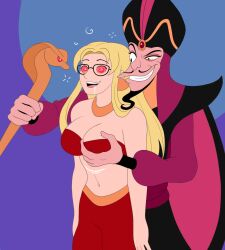 aladdin_(series) aurora_(jabberwocky) bare_shoulders beard blonde_hair breast_grab breasts cape cleavage clothed disney drool earrings femsub glasses groping happy_trance harem harem_outfit hat jafar jewelry long_hair maledom navel necklace open_mouth original plsgts red_eyes smile smirk spiral_eyes spiralwash_eyes staff symbol_in_eyes tongue