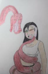 absurdres black_hair breasts cleavage colorrings disney drool femsub final_fantasy final_fantasy_vii happy_trance hypnotic_eyes kaa kaa_eyes large_breasts long_hair open_mouth smile snake the_jungle_book tifa_lockhart traditional