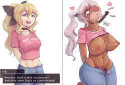 absurdres before_and_after bimbofication blonde_hair breast_expansion breasts choker dark_skin dead_source eye_roll fellatio femsub jeans katawa_shoujo large_breasts lilly_satou nipple_piercing oral penis phantom_penis piercing reqqles runny_makeup tears text transformation 