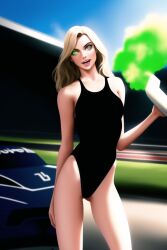  ai_art blonde_hair dazed female_only femsub glowing_eyes green_eyes hypnotic_gas hypnotic_smell motor_mania novelai_(ai) one-piece_swimsuit open_mouth outdoors smoke standing swimsuit 