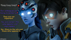  blue_skin brown_hair eh female_only femsub glowing_eyes long_hair overwatch ponytail short_hair tagme text tracer widowmaker 