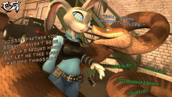 breasts bunny_girl clothed coils dazed disney femsub furry hypnotic_eyes judy_hopps kaa kaa_eyes maledom police_uniform policewoman psikokinetic snake snake_boy speech_bubble text the_jungle_book vore zootopia