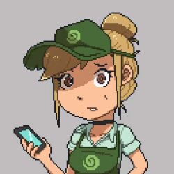 animated animated_gif apron blonde_hair brown_eyes choker clerk_girl_(darkhatboy) clothed drool empty_eyes expressionless female_only femsub hair_buns open_mouth original panicatethemoon phone pixel_art solo spiral starbucks sweat