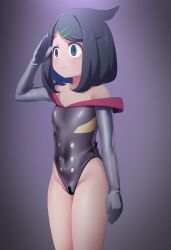  black_hair censored empty_eyes expressionless femsub liko_(pokemon) malamar_outfit maozi_dan nintendo pokemon pokemon_horizons saluting short_hair swimsuit 