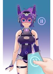  blue_eyes blue_hair breasts cleavage empty_eyes femsub large_breasts large_hips leotard maledom ponytail projekt_melody purple_hair robot short_hair smile standing standing_at_attention tech_control thick_thighs thighs virtual_youtuber visor vshojo zires 