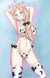 absurdres bikini blonde_hair blue_eyes breasts clothed_exposure cow_girl empty_eyes female_only femsub fire_emblem fire_emblem_three_houses happy_trance large_breasts long_hair mercedes_von_martritz micro_bikini midriff nintendo smeef smile thighhighs