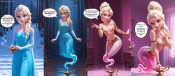 ai_art ass bare_breasts before_and_after blonde_hair dialogue disney english_text female_only femsub frozen genie huge_breasts large_breasts magic midriff pasties pov pov_dom queen_elsa sequence speech_bubble thehypno7ist_(generator) transformation