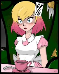 absurdres alice_in_wonderland batman_(series) blonde_hair blue_eyes card chair clothed dc_comics disguised_hypnotist dress drool empty_eyes expressionless female_only gwen_poole gwenpool hypnotic_accessory mad_hatter marvel_comics multicolored_hair open_mouth pink_hair super_hero tech_control western