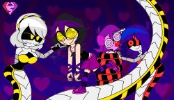  ahoge chin_hold cleavage coils doll_(murder_drones) eyebrows_visible_through_hair fangs glasses happy_trance heart hypno-scream_(hypnoscream) hypnoscream hypnotic_eyes inkrye_varis_figment_(hypnotic-ink) large_breasts leaning_forward leggings long_hair malesub multiple_doms multiple_girls multiple_subs murder_drones naga_girl non-binary_sub open_mouth original pink_skin purple_hair ring_background robot_girl serial_designation_v shiny_hair shoes short_hair shorts silver_hair simple_background smile straight-cut_bangs tube_top watermark 