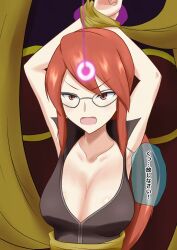  animated animated_gif bondage cleavage dialogue female_only femsub glasses lorelei na_shacho nintendo pokemon pokemon_(creature) pokemon_firered_and_leafgreen red_hair solo text translation_request 