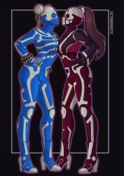  alternate_costume bodysuit breast_press breasts brown_hair chun-li clothed fatal_fury female_only femsub hand_on_hip huge_breasts king_of_fighters large_breasts mai_shiranui mask multiple_girls multiple_subs ponytail simple_background skullomania street_fighter transformation victoriamikoto 