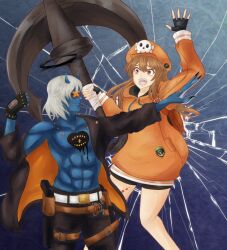 abs akuba belt blue_skin brown_eyes clothed corruption enemy_conversion femsub fingerless_gloves gloves guilty_gear happy_chaos hat heart heart_tattoo maledom may_(guilty_gear) open_clothes pants smile tagme tattoo weapon white_hair