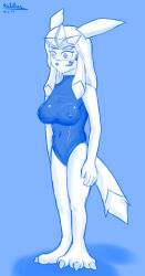  animal_ears barefoot breasts crystal erect_nipples erect_nipples_under_clothes expressionless female_only femsub furry glaceon large_breasts leotard long_hair monochrome nintendo original pokemon rutilus sketch solo standing standing_at_attention tail tech_control traditional white_hair 