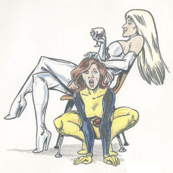 all_fours blonde_hair brown_eyes brown_hair emma_frost empty_eyes female_only femdom femsub high_heels kitty_pryde long_hair marvel_comics open_mouth pet_play shadow_cat sitting super_hero tebra traditional western white_queen x-men
