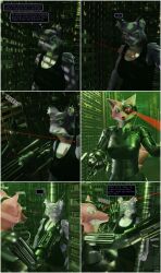  3d armor bodysuit borg cat_girl comic drone dronification expressionless fox_girl furry indifferent laser_pointer latex speech_bubble star_trek tech_control thalarynth_(manipper) thought_bubble 