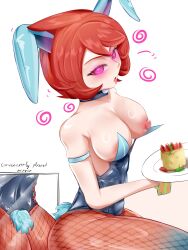  absurdres alternate_costume arezu_(pokemon) arm_bands ass before_and_after blush breasts bunny_ears bunny_girl bunnysuit cake choker cleavage clothed cuffs empty_eyes english_text erect_nipples femsub fishnets glowing glowing_eyes heart_eyes kelkcan large_breasts looking_at_viewer multiple_views nintendo one_breast_out open_mouth pokemon red_eyes red_hair simple_background spiral spiral_eyes text tongue_out tray white_background 