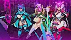  3d ahoge blonde_hair blue_eyes blue_hair boots breasts cleavage collar control_indicator corruption custom_maid_3d_2 cyan_eyes cyan_hair dazed empty_eyes esther_r18 femdom femsub gene_(pso2) gloves glowing hair_ornament headphones high_heels huge_breasts leotard matoi_(phantasy_star) multiple_girls multiple_subs navel open_mouth phantasy_star_(series) phantasy_star_online_2 red_eyes succubus symbol thick_thighs thighhighs tongue twintails uchinoko_esther_(esther_r18) weapon white_hair 