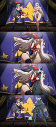  absurdres axl_crow baal_(demonherd) black_sclera blue_eyes blue_skin blush breast_press breasts demon demonherd elf eye_color_change femdom femsub gloria_(demonherd) green_eyes hat horns kissing magician magikania_(demonherd) maledom possession pussy_juice spit_trail stage stage_hypnosis symmetrical_docking tail transformation very_long_hair white_hair yuri 