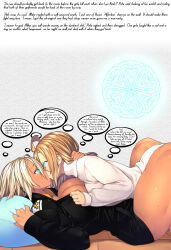  absurdres blonde_hair breasts charm_(spell) cleavage clothed dark_skin dazed female_only femsub glowing glowing_eyes large_breasts magic manip open_clothes original real_xxiii sela_(real_xxiii) sexuality_change short_hair sweat text tiechonortheal_(manipper) ursula_(real_xxiii) yuri 