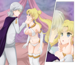  blonde_hair breasts chin_hold cleavage empty_eyes femsub harem_outfit hypnotic_eyes large_breasts lingerie maledom prince_demande sailor_moon sailor_moon_(series) short_hair twintails underwear very_long_hair wah-ngt white_hair 