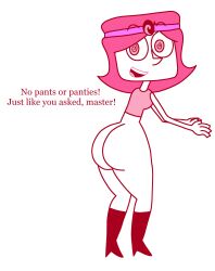 absurdres apopop ass breasts deb_turnbull femsub large_breasts pink_hair robotboy smile spiral_eyes symbol_in_eyes text