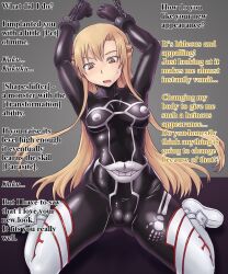 anus asuna blonde_hair bondage boots breasts chains corruption dialogue female_only femsub knee-high_boots latex long_hair mahou-ya nightmare_fuel open_mouth parasite pussy solo sweat sword_art_online text topless