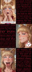 accidental_hypnosis ai_art bangs blonde_hair blue_eyes collar comic dog_girl dog_pose gym_uniform leash pet_play sculptortusk tagme text transformation 