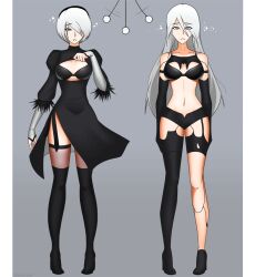  animated animated_gif blue_eyes bra breasts empty_eyes expressionless female_only femsub high_heels long_hair nexus_light nier nier_automata open_mouth pendulum shirt_lift short_hair standing standing_at_attention thighhighs topless underwear undressing white_hair yorha_no._2_type_b yorha_type_a_no._2 