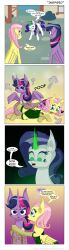 alternate_hairstyle animals_only comic corruption curly_hair deusexequus fishnets fluttershy glowing glowing_eyes hooves horns horse humor lingerie long_hair magic multicolored_hair my_little_pony non-human_feet pegasus pink_hair purple_hair rarity text twilight_sparkle underwear unicorn wings yuri