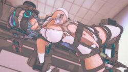  3d arms_behind_back belt blush cleavage corruption drool female_only femsub gloves koikatsu! leotard navel opera_gloves restrained short_hair silver_hair solo spread_legs sweat tears tech_control vaginal visor 