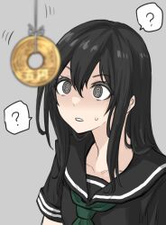 clothed coin collarbone confused eyebrows_visible_through_hair female_only femsub fuku_1028 grey_background grey_eyes original pendulum school_uniform simple_background solo speech_bubble spiral_eyes sweat symbol_in_eyes uniform