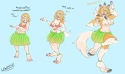 barefoot bikini_top blush bracelet choker clothed comic dancing dog_girl female_only femsub furry glowing glowing_eyes green_eyes happy_trance huge_feet hula_girl hypnotic_accessory jewelry lewdydoo lycanroc lycanroc_(dusk) navel nintendo nipples non-human_feet pokemon pokemon_x_and_y serena skirt solo tail tail_growth text tongue tongue_out torn_clothes transformation wolf_girl
