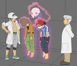 ash_ketchum aura barefoot brock brown_hair brynhexx clothed feet floating grey_hair hat jacket lab_coat levitation magic male_only malesub multiple_boys multiple_subs musharna nintendo open_shirt pants pokemon pokemon_(anime) pokemon_(creature) professor_kukui professor_oak sleeping slouching standing story