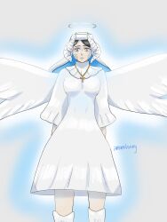  alternate_form annexbunny black_clover black_hair blue_eyes clothed corruption dress empty_eyes femsub halo headdress horns lily_aquaria mole nun purification solo spoilers standing wings 