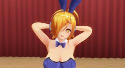 3d ahoge armpits arms_above_head blonde_hair bunny_ears bunny_girl bunnysuit cleavage cuffs custom_maid_3d_2 empty_eyes fake_animal_ears female_only femsub hair_covering_one_eye happy_trance inikanata looking_at_viewer open_mouth short_hair solo stage_hypnosis yellow_eyes
