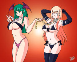 alerith alternate_costume arms_above_head bare_legs bare_shoulders bikini bikini_bottom bikini_top blonde_hair breasts capcom chains cleavage collar crossover darkstalkers earrings empty_eyes female_only femdom femsub gloves green_eyes green_hair happy_trance large_breasts leash legs long_hair looking_at_viewer marin_kitagawa midriff morrigan_aensland my_dress-up_darling navel opera_gloves red_eyes signature smile succubus thighhighs thighs v