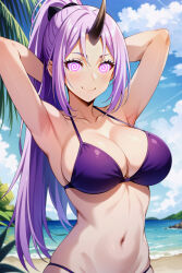  ai_art armpits arms_above_head arms_behind_back beach bikini_bottom bikini_top blush breasts cleavage femsub glowing glowing_eyes happy_trance horns huge_breasts long_hair looking_at_viewer manip misterman4_(manipper) monster_girl oni_girl ponytail purple_hair shion_(tensei_slime) smile spiral_eyes stable_diffusion_(ai) swimsuit symbol_in_eyes tagme that_time_i_got_reincarnated_as_a_slime 
