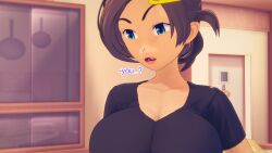 aware blue_eyes brown_hair clothed confused dialogue english_text female_only grace_(pokemon) hair_clips milf mustardsauce pokemon pokemon_(anime) solo text
