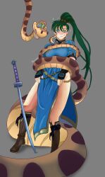  absurdres breasts clothed dazed disney femsub fire_emblem fire_emblem_the_blazing_blade green_hair happy_trance hypnotic_eyes kaa kaa_eyes large_breasts long_hair lyndis nintendo pomegranet smile snake sword the_jungle_book weapon 