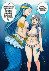 ai_art aquarius_(fairy_tail) belt bikini blue_hair bracelet bubble choker circlet drool earrings empty_eyes english_text fairy_tail femdom femsub glowing_eyes happy_trance hellsing002_(generator) jewelry juvia_loxar large_breasts limp long_hair mermaid music singing siren tattoo thought_bubble underwater water