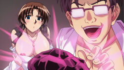 breasts brown_hair dazed empty_eyes femsub glasses huge_breasts magic maledom manip necklace open_clothes short_hair smile tiechonortheal_(manipper) undressing