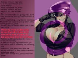  beret black_hair breasts camui_kamui caption caption_only cleavage evil_smile female_only femdom hat huge_breasts hypnotic_breasts large_breasts looking_at_viewer male_pov manip military_uniform original pov pov_sub purple_eyes smile text yandere 