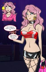  before_and_after black_clover cell_phone cleavage collar dazed earrings english_text eyeshadow fishnets hy2300 instant_loss lipstick long_hair midriff miniskirt nail_polish navel pendulum pink_eyes pink_hair shrunken_irises smirk speech_bubble spiral_eyes standing text tubes vanessa_enoteca 