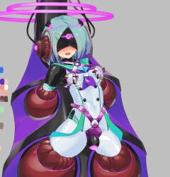 arms_behind_back blindfold blue_hair blush bodysuit bondage breasts cables corruption female_only femsub gotsuji grey_background harness headphones mask mizuku nipple_tweak open_mouth original restrained school_uniform short_hair simple_background solo spread_legs tech_control tight_clothing vaginal vibrator wires