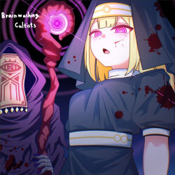 blonde_hair cult femsub glowing_eyes green_midori hypnotic_eyes hypnotic_light hypnotic_magic magic nun open_mouth original pink_eyes staff talisman 